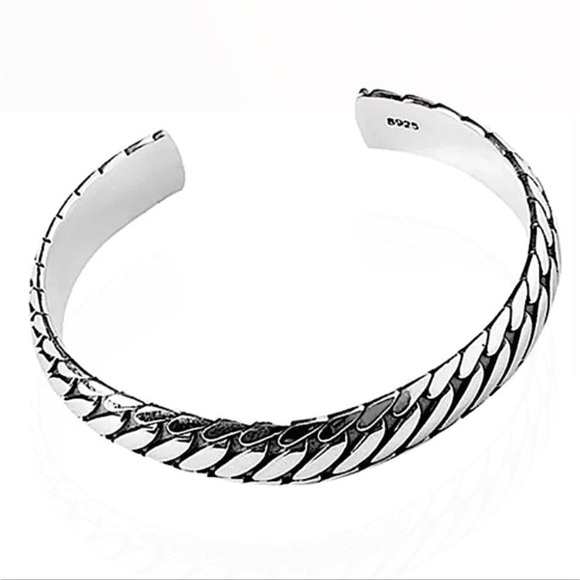 Sterling Silver Chain Design Engraved Cuff Bangle Bracelet - Picture 7 of 9